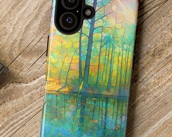 Custodia per telefono resistente con motivo colorato Woodscape e laghetto riflettente in vetro colorato / iPhone 16-11, X, 8 con varianti; Google Pixel 1-9; Samsung Galaxy S25-20