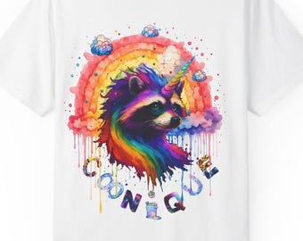 Maglietta con unicorno e procione arcobaleno: divertente maglietta con grafica Pride