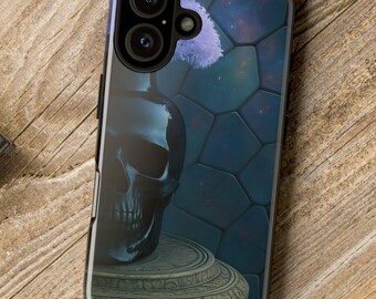 Custodia rigida per iPhone con motivo gotico con teschio nero, fiore viola e vetrate celestiali, regalo unico per gli amanti dell'estetica dark