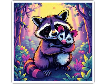 Adesivo fustellato con procione e opossum: decalcomania per amanti della natura