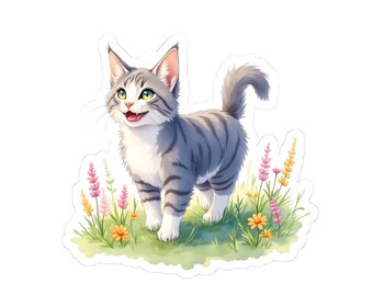 Adesivo fustellato con gatto stravagante e fiori: decorazione giocosa per animali domestici