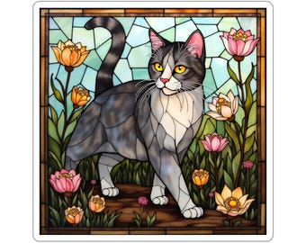 Adesivo con gatto in vetro colorato: decorazione floreale per la casa, decalcomania per laptop