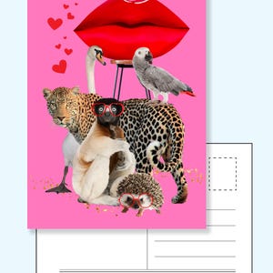 Roze Blanco wenskaart met lieve dieren in roze en rood – veelzijdige kaart voor elke gelegenheid – schattig, speels en hartverwarmend