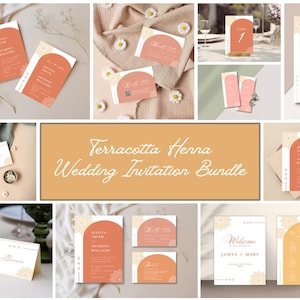 Plantilla de paquete de boda con henna en terracota, paquete de invitación de boda con henna, diseño editable de Canva, tarjeta RSVP, descarga instantánea