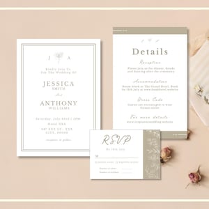 Elegantes Hochzeitseinladungs-Vorlagenpaket, bearbeitbares Canva-Designset, Antwortkarten, Detailkarte, sofortiger Download
