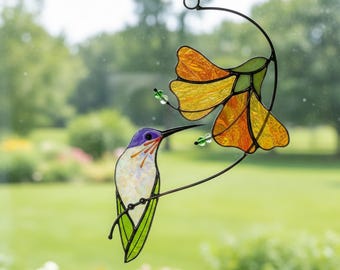 Hummingbird with Hibiscus Flower | Stained Glass Hummingbird Suncatcher: Garden Window Art