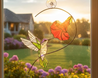 Glasmalerei | Fliegender Kolibri mit Hibiskus-Blüte | Kolibri Sonnenfänger: Gartenschmuck