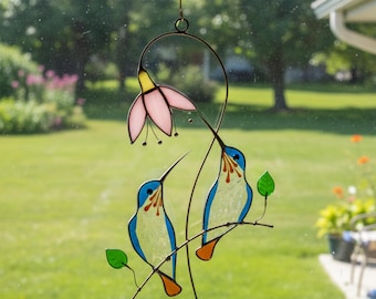 Stained Glass Double Hummingbird Suncatcher: Garden Window Art