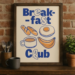 Retro Breakfast Club Poster, Coffee and Croissant Wall Art, Breakfast Kitchen Decor, Foodie Digital Download, Fun Breakfast Print