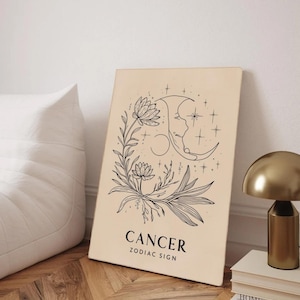 Cancer Zodiac Line Art Print – Minimalist Astrology Wall Decor, Celestial Digital Download Poster