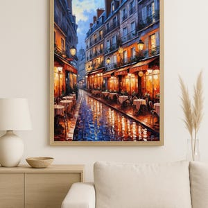 Paris Cafe Street Scene Digital Wall Art – Romantic Rainy Night Print, French Bistro Decor for Cozy Home & Kitchen Interiors