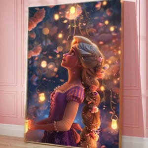 Rapunzel-lantaarnscène digitale muurkunst – verwarde geïnspireerde Disney-prinsesprint voor meisjeskamer, sprookjesachtige kinderkamerinrichting