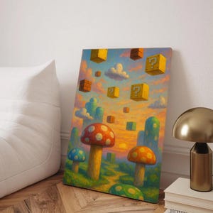 Super Mario Inspired Wall Art – Mushroom Kingdom Fantasy Print, Surreal Gamer Decor, Retro Video Game Poster for kid room Game Room Nintendo