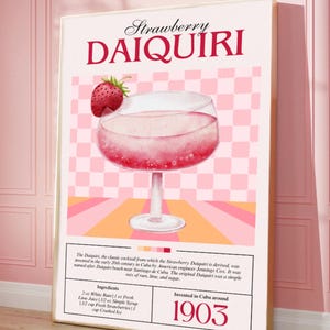 レトロなストロベリーダイキリカクテルウォールアートプリントヴィンテージドリンクポスター、キッチンバーの装飾、インスタントデジタルダウンロードピンキーガールポスター