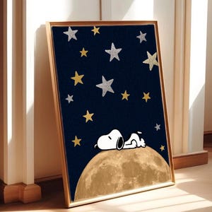Dreamy Snoopy on the Moon Under Stars - Cute Night Sky Wall Art Printable for Kids Room or Nursery, Happy baby decor children's room dog art