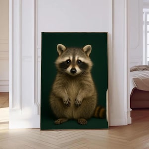 Whimsical Baby Raccoon Wall Art – Woodland Nursery Digital Download, Forest Animal Print, Cute Raccoon Portrait