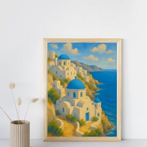 Santorini Greece Oil Painting Print – Impressionist Coastal Wall Art, Blue Dome Church, Mediterranean Seaside Landscape