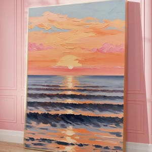 Sunset Ocean Digital Wall Art Print, Coastal Beach Painting Download, Summer Seascape Oil Art, Beach Decor, Modern Impressionist Sunset Art