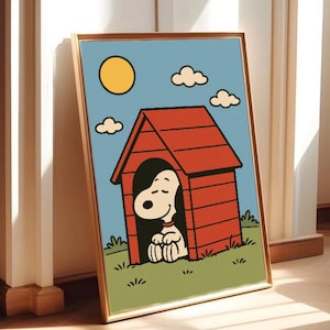 Digitale print Snoopy Doghouse – schattige cartoon muurkunst, op pinda's geïnspireerde poster, kinderkamerdecor, instant download