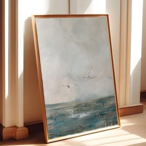 Ocean Landscape Digital Wall Art – Minimalist Coastal Scene with Flying Birds, Tranquil Seascape Printable, Beach Decor Download