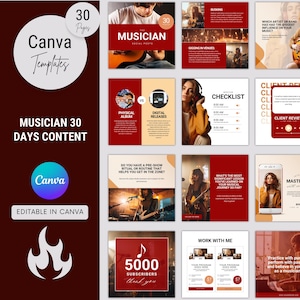 Plantillas para músicos, publicaciones de cantantes en redes sociales, plantillas musicales de 30 días, plantilla editable de Canva, descarga instantánea