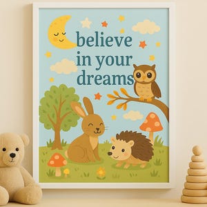 Arte mural de animales caprichosos para habitación infantil - Criaturas mágicas del bosque imprimibles - Decoración neutra para habitación infantil - Descarga digital A4