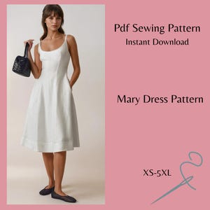 Puede incluir: Un vestido blanco sin mangas con falda acampanada y bolsillos. El vestido se combina con bailarinas negras y un bolso de mano negro. El texto en la imagen dice "Pdf Sewing Pattern Instant Download" y "Mary Dress Pattern". Tallas XS-5XL.