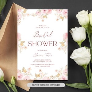 Blush Floral Bridal Shower Invitation: Editable Canva Template (5x7 in, Digital Download, Printable PDF)