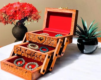 Hand Carved Wooden Jewelry Box: Antique Style Keepsake Storage