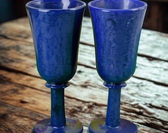Blue Onyx Wine Goblet Set: Hand Carved Stone Glassware