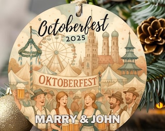 May include: Circular wooden Oktoberfest decoration with a vibrant illustration. Depicts a fairground scene with a Ferris wheel and people in traditional dress. The text "Octoberfest 2025" and "Marry & John" are visible. Includes a jute twine for hanging.