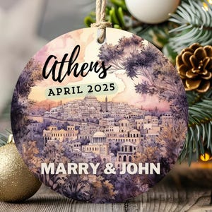 Decorazione ricordo di viaggio ad Atene, Grecia, regalo di Natale personalizzato con nomi e data, souvenir di viaggio ad Atene
