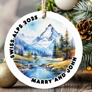 Switzerland Mountain travel Xmas Ornament, Christmas holiday Keepsake, Snowy Alps Holiday Gift, Family travel Christmas Memory Decor