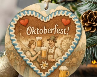 May include: A round, heart-shaped ornament featuring a brown gingerbread-style background with blue icing trim. It depicts a person in a dirndl and a person in lederhosen holding beer steins, with the text Oktoberfest! and two red hearts.