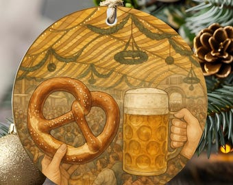 May include: Circular Christmas decoration depicting a traditional beer hall scene. It shows a pretzel and a beer stein, with a crowded hall in the background. The ornament is suspended by a natural twine, perfect for festive decor.