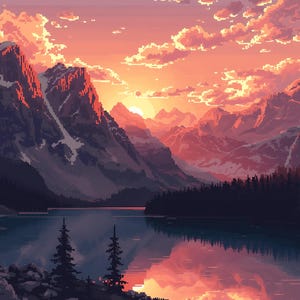 以下が含まれることがあります： 夕焼けの山並みを描いたピクセルアートの風景。空はオレンジとピンクの雲で満たされ、下の穏やかな湖に映っています。濃い緑色の木々が湖の縁に並び、穏やかでカラフルなシーンを作り出しています。