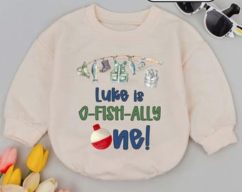 Personalized O-Fish-Ally One Baby Romper, Fishing Birthday Outfit