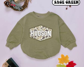 Custom Duck Camo Name Boy Baby Romper, Personalized Boy Camo Tee, Custom Kid's Hunting Baggy Romper, Camo Name Tee