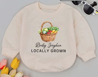 Custom Name Baby Romper Sweatshirt, Locally Grown, Farmer Outfit