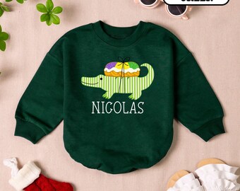 Personalized Alligator Mardi Gras Baby Romper, King Cake, New Orleans Carnival