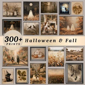 May include: A collection of 300+ Halloween and Fall themed wall art prints featuring various illustrations including ghosts, pumpkins, autumn landscapes, woodland scenes, and seasonal foliage in a warm, muted color palette with dark frames.