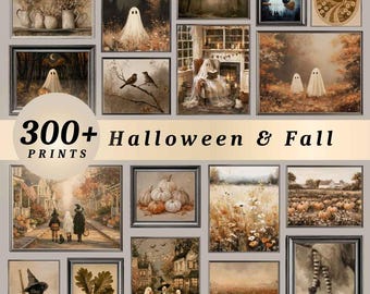 May include: A collection of 300+ Halloween and Fall themed wall art prints featuring various illustrations including ghosts, pumpkins, autumn landscapes, woodland scenes, and seasonal foliage in a warm, muted color palette with dark frames.