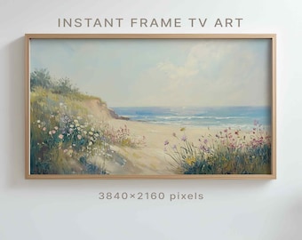 海岸風景画 フレーム付き 4K フレーム TV アート、ホワイト ビーチのビンテージ油絵、夏の海岸の
