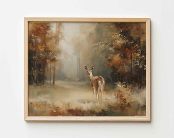 Paisaje otoñal en tonos suaves, lámina artística de otoño, pintura de naturaleza otoñal con ambiente melancólico, arte mural de otoño, lámina de otoño, descarga digital imprimible en tonos neutros P156