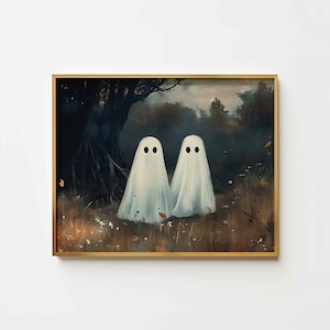 Halloween Cute Ghosts Print, Spooky Ghosts Painting, Halloween Dark Academia Cottagecore Wall Art, Gothic Art, PRINTABLE Digital Download P7