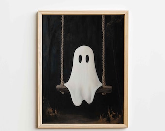 Halloween Ghost Art, Ghost On Swing Painting, Cute Halloween Ghosts Wall Decor, Dark Cottagecore Print, PRINTABLE Art Digital Download P54