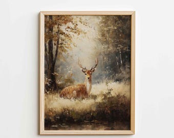 May include: A framed art print of a deer in a forest setting. The artwork features a deer with antlers, resting in tall grass. The color palette includes shades of brown, beige, and green, creating a serene and naturalistic scene.