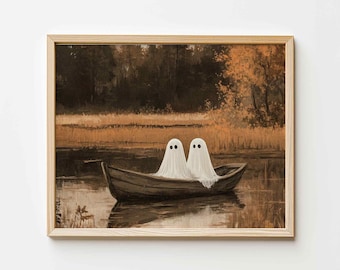 Fantasmas en un barco: lámina digital para pared, imagen de fantasma espeluznante, lámina de Halloween estilo academia oscura, arte gótico de Halloween, descarga imprimible P21