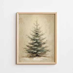 May include: A framed print depicting a detailed illustration of a Christmas tree. The tree is rendered in shades of grey and white, set against a sepia-toned background. The artwork is enclosed in a light-coloured wooden frame, evoking a vintage aesthetic.