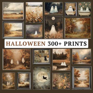 Op de afbeelding: Een verzameling ingelijste muurkunstprints met diverse scènes, waaronder geesten in landschappen, bossen en badkuipen, naast herfstlandschappen, herten en een heks op een bezemsteel. De tekst HALLOWEEN 300+ PRINTS staat in het midden weergegeven.